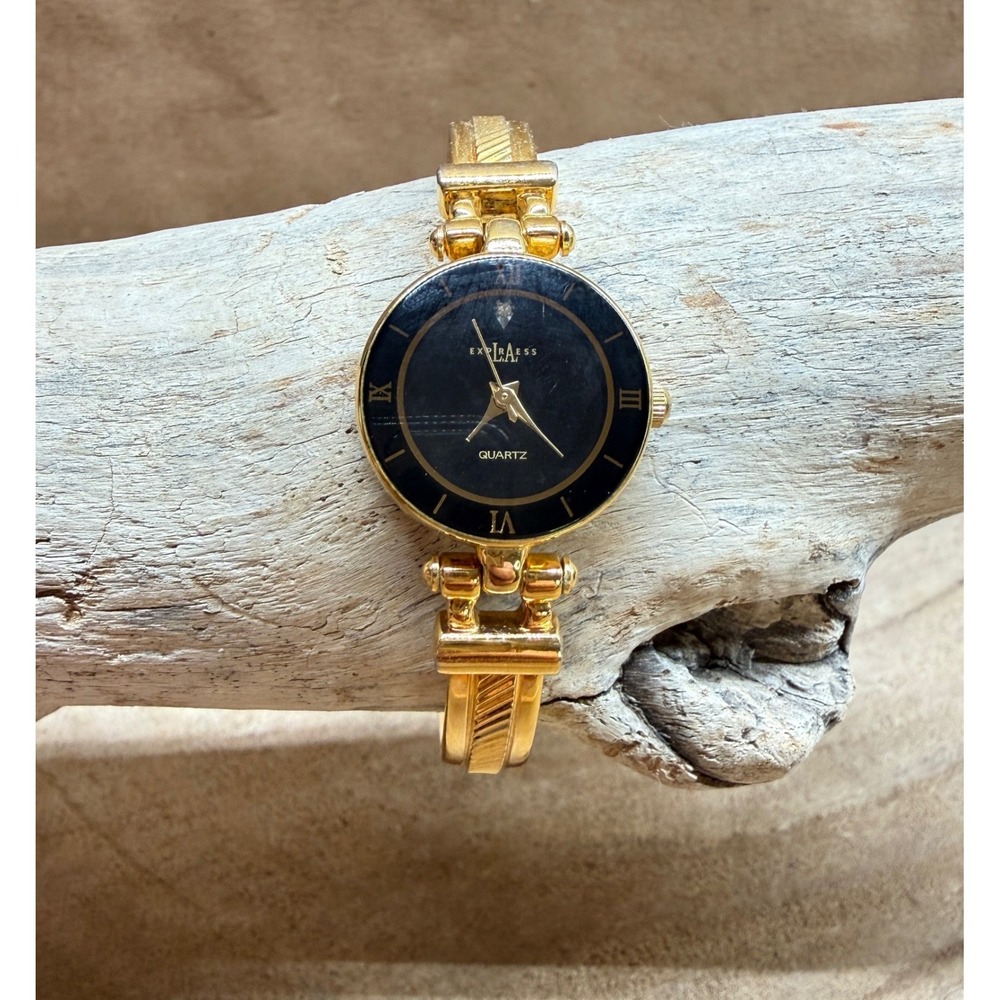 EXPRESS LAX1343 Women's Gold Tone Quartz Bangle Watch Black Dial Roman Numerals